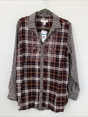 NWT Vintage America XL Plaid Embroidered Tunic Shirt Boho Roll Tab